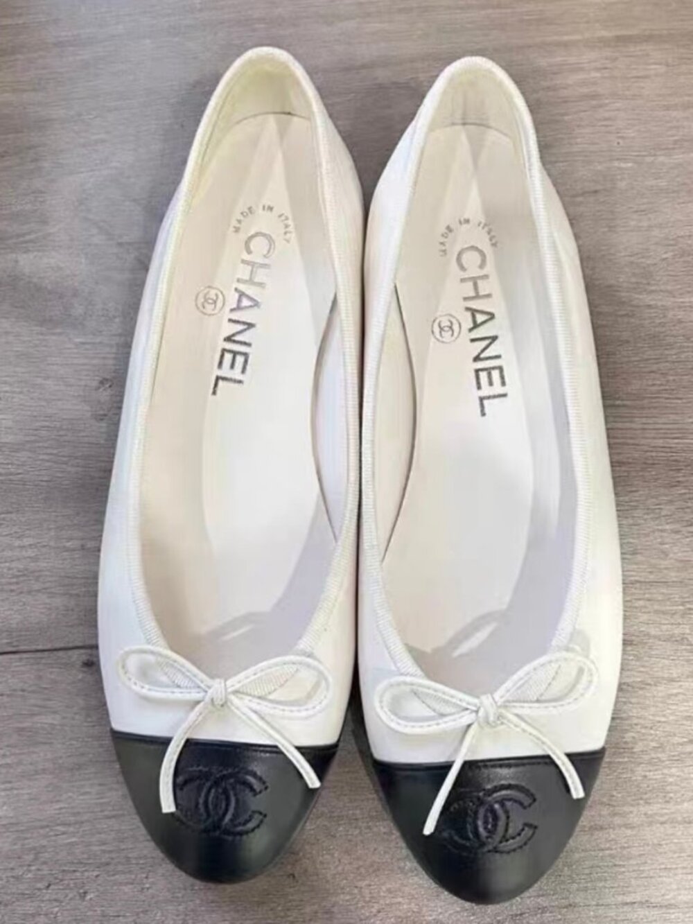 Authentic Chanel Two-Tone Leather Ballerina Flats with Bow